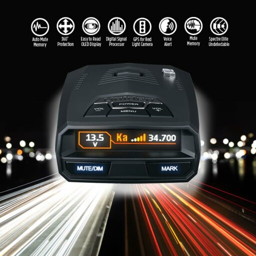 Uniden radar detector kit with case, suction mounts, and power cord.