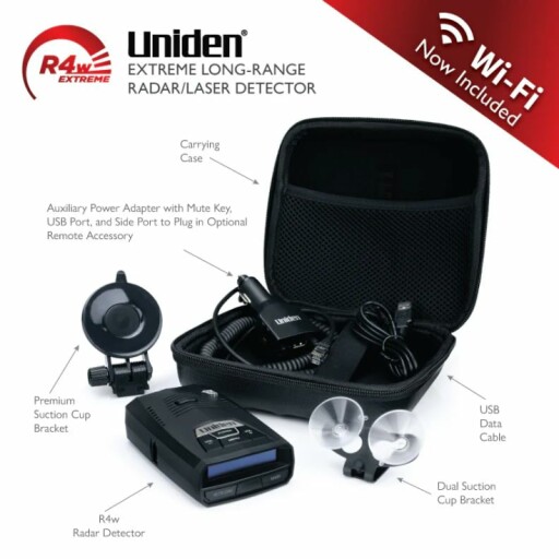 Uniden R4W Radar Detector with display showing frequency and buttons.
