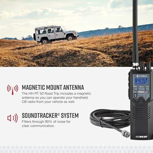 CB radio with magnetic mount antenna and Soundtracker system description.