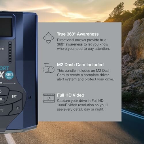 Dash cam with features including 360 awareness, M2 dash cam, and full HD video.