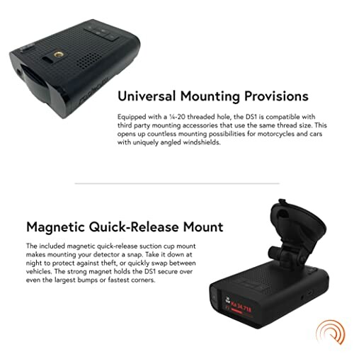 Dashcam with universal mounting provisions and magnetic quick-release mount.