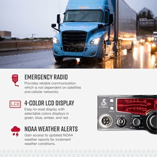 Truck driving in rain with emergency radio features displayed.