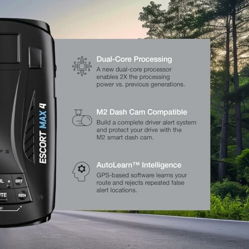 Escort Max 4 features: dual-core processing, M2 dash cam compatibility, AutoLearn intelligence.