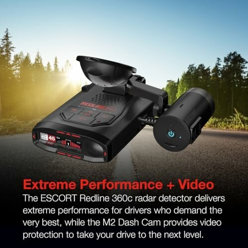 ESCORT Redline 360c radar detector and M2 Dash Cam with forest background.