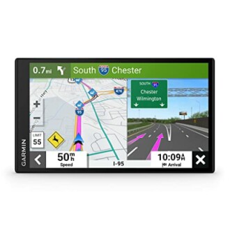 Garmin GPS device showing map and directions on screen.