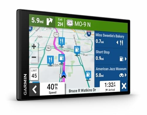Garmin GPS showing navigation map with route and directions.