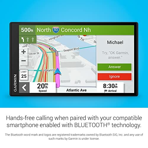 Garmin GPS device displaying map and call interface.