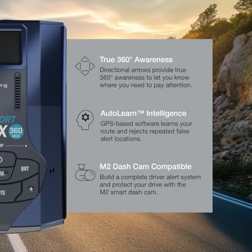 GPS device with features: True 360° Awareness, AutoLearn Intelligence, M2 Dash Cam Compatible.