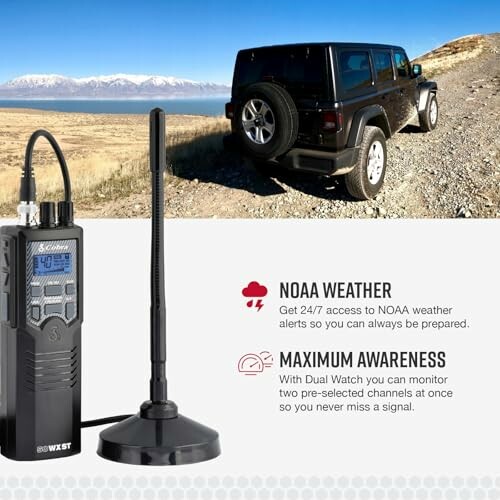 Off-road vehicle with radio for NOAA weather alerts.