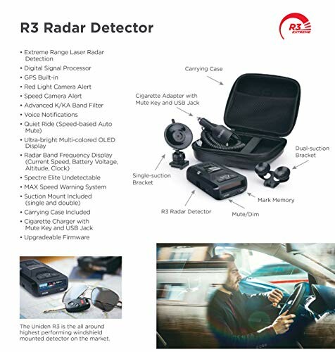 R3 radar detector with features and accessories including carrying case and power adapter.