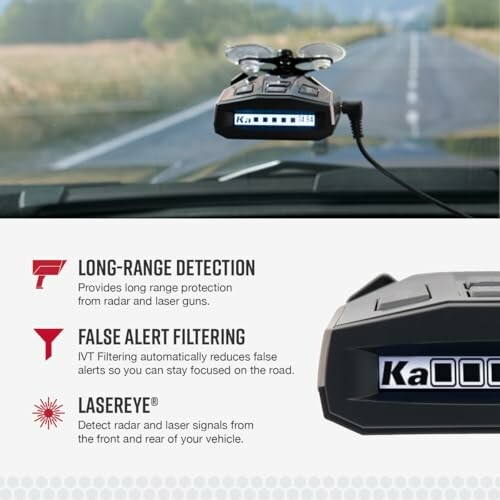 Radar detector on car dashboard with features listed.