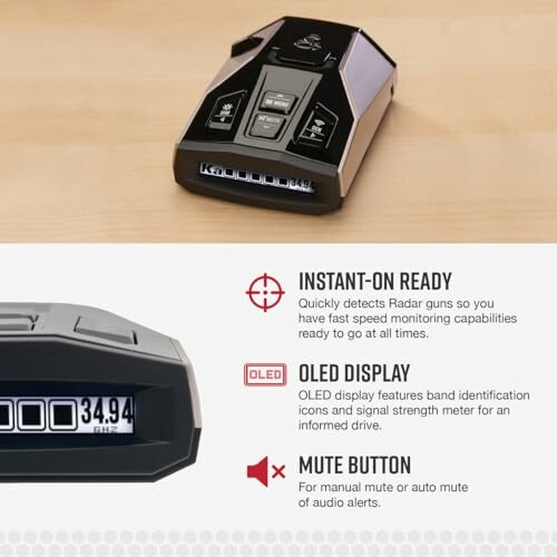 Radar detector with instant-on readiness, OLED display, and mute button.