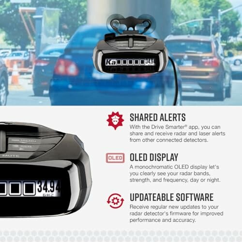 Radar detector with shared alerts, OLED display, and updateable software features.