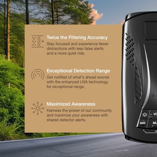 Radar detector highlighting features like filtering accuracy, detection range, and awareness.