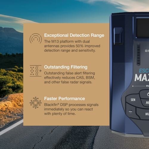 Radar detector with exceptional detection range, outstanding filtering, and faster performance features.