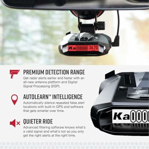 Radar detector features including premium detection range, autolearn intelligence, and quieter ride.