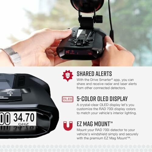 Radar detector with shared alerts, 5-color OLED display, and EZ Mag Mount.