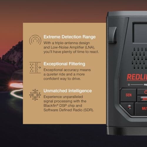 Radar detector with features: extreme detection range, exceptional filtering, unmatched intelligence.