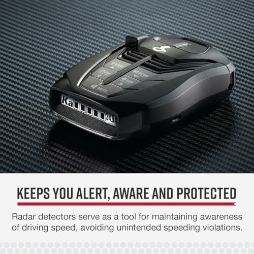 Radar detector on textured surface with text about speed awareness.