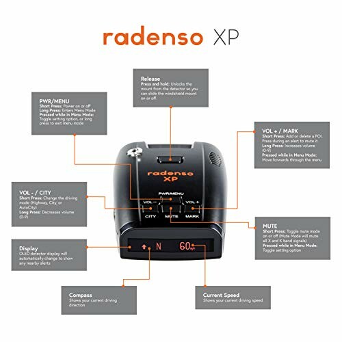 Radenso XP radar detector with labeled features.