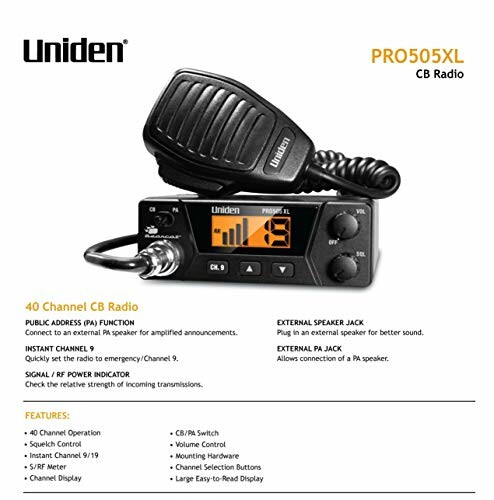 Uniden PRO505XL CB Radio with microphone and features overview.