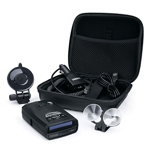 Uniden radar detector kit with case, suction mounts, and power cord.