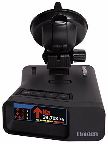 Uniden radar detector with display and suction mount.