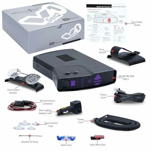 Valentine One Gen2 radar detector with accessories including power cord, visor mount, and suction brackets.